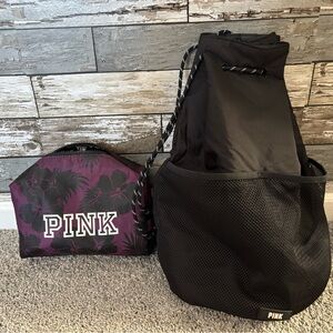 PINK Victoria's Secret Black Cinch Backpack and Makeup Bag